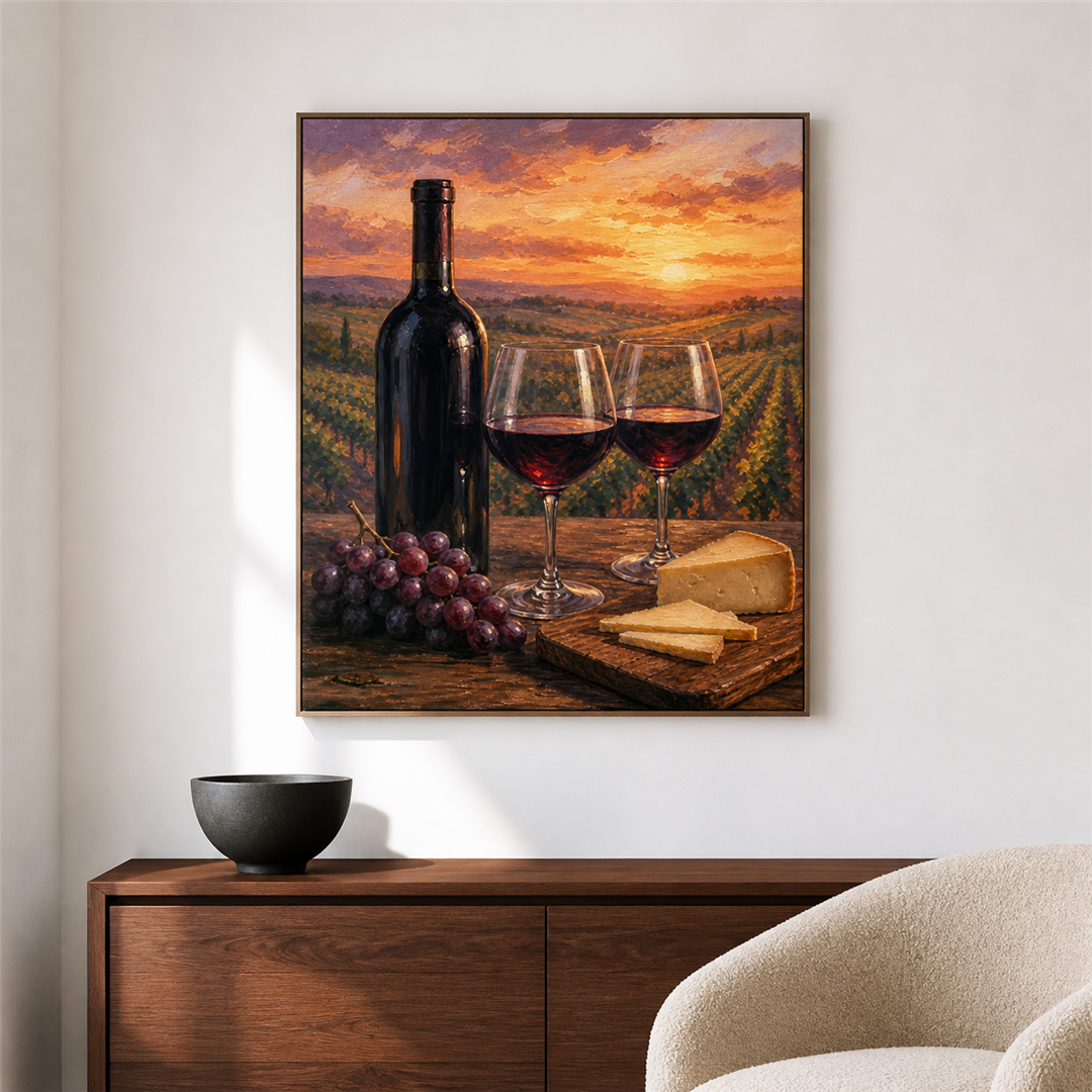 Brindis de viñedo — el cuadro terminado colgado en la pared