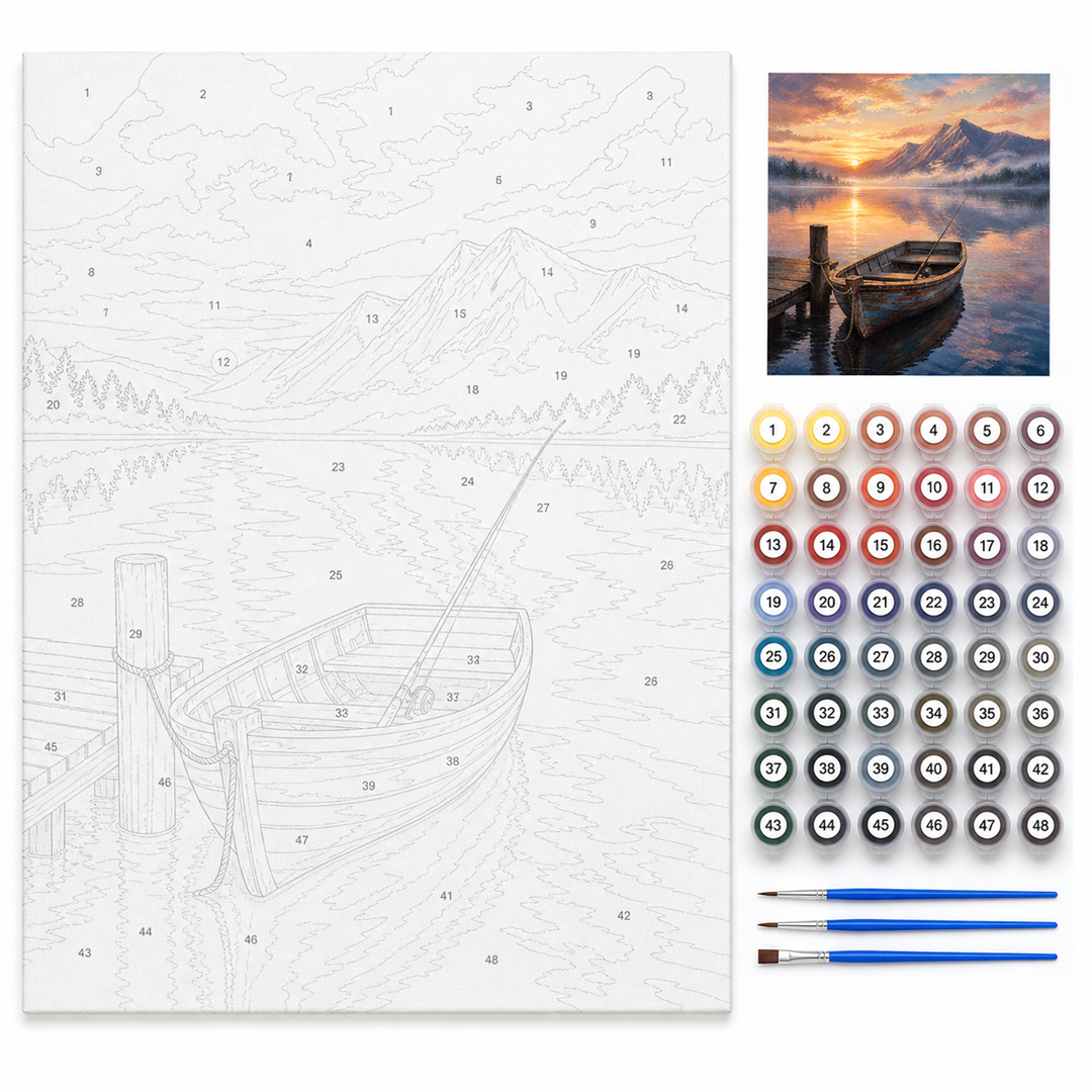 Amanecer en el lago — kit con lienzo numerado, pinturas y pinceles