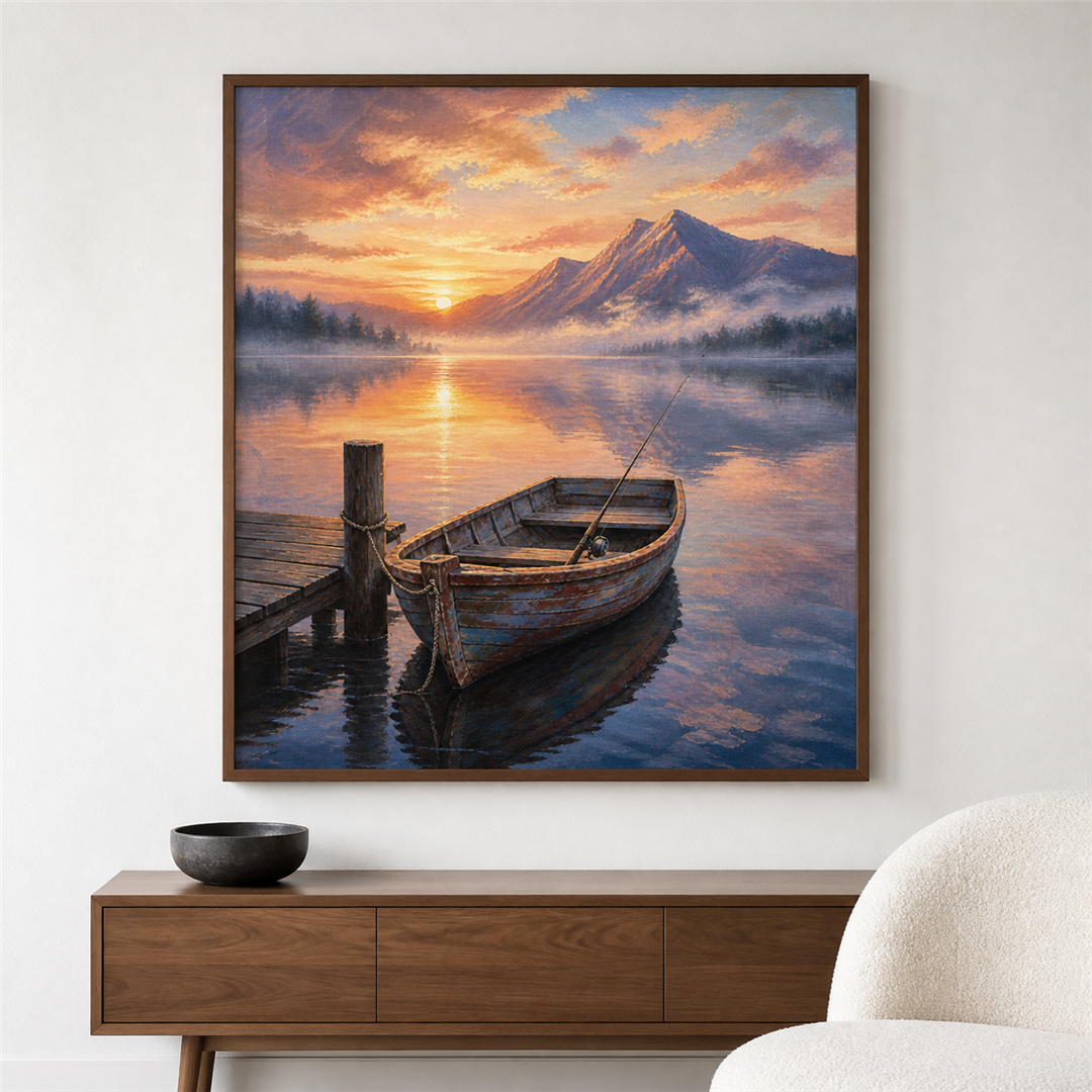 Amanecer en el lago — el cuadro terminado colgado en la pared