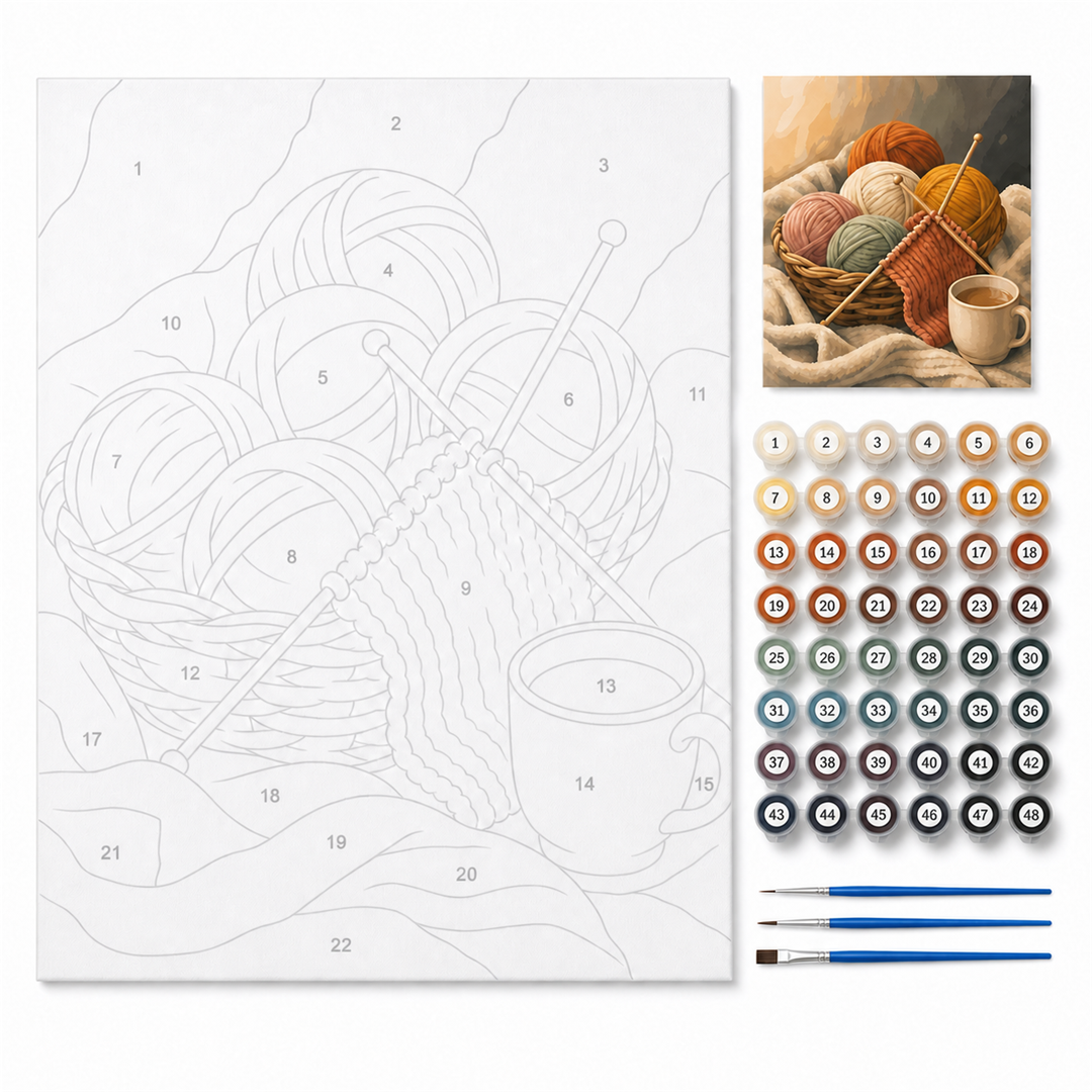 Hilos y paciencia — kit con lienzo numerado, pinturas y pinceles