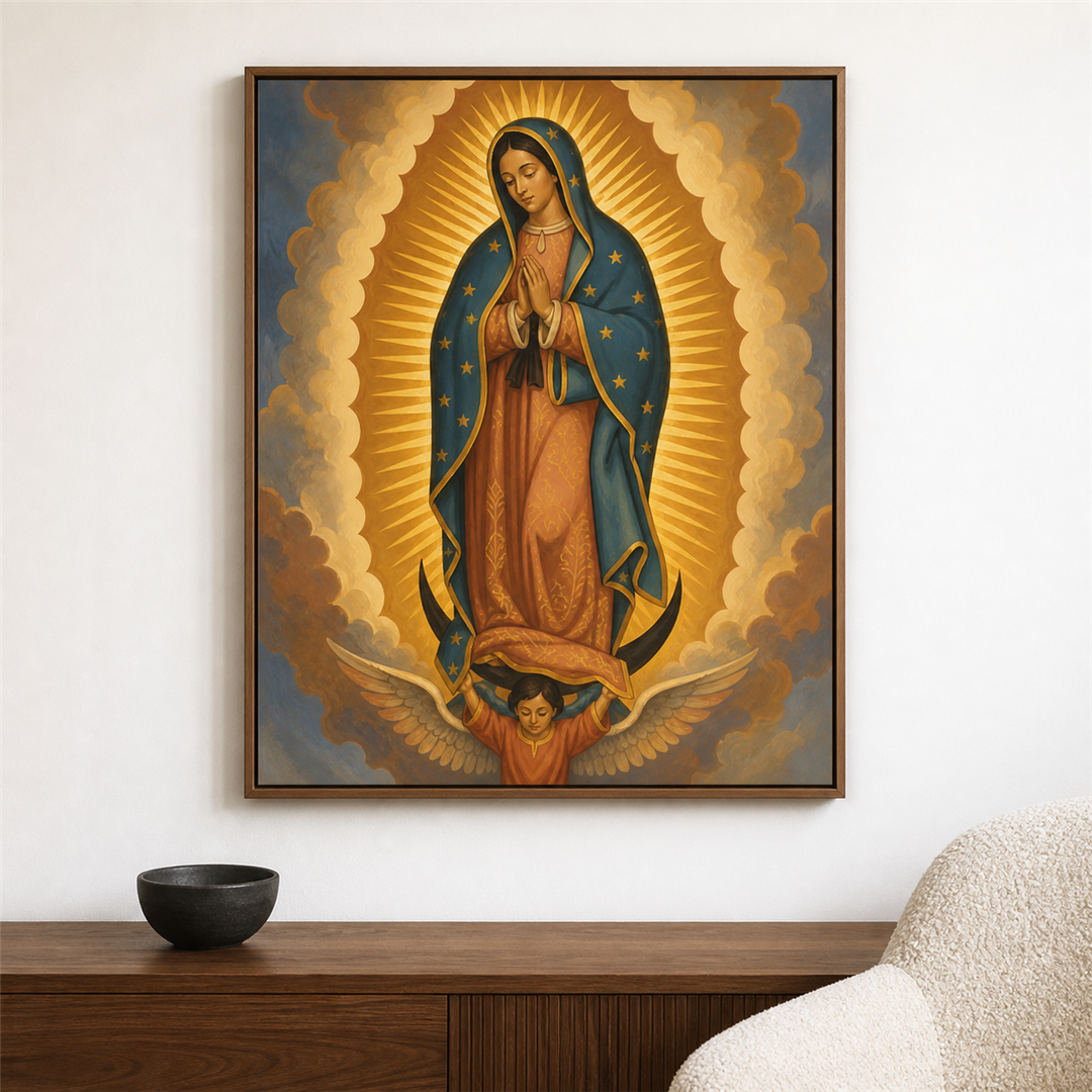 Virgen de Guadalupe — el cuadro terminado colgado en la pared