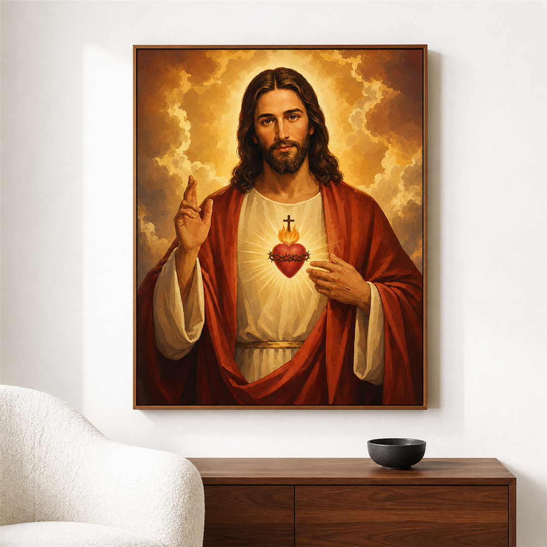 Sagrado Corazón — el cuadro terminado colgado en la pared