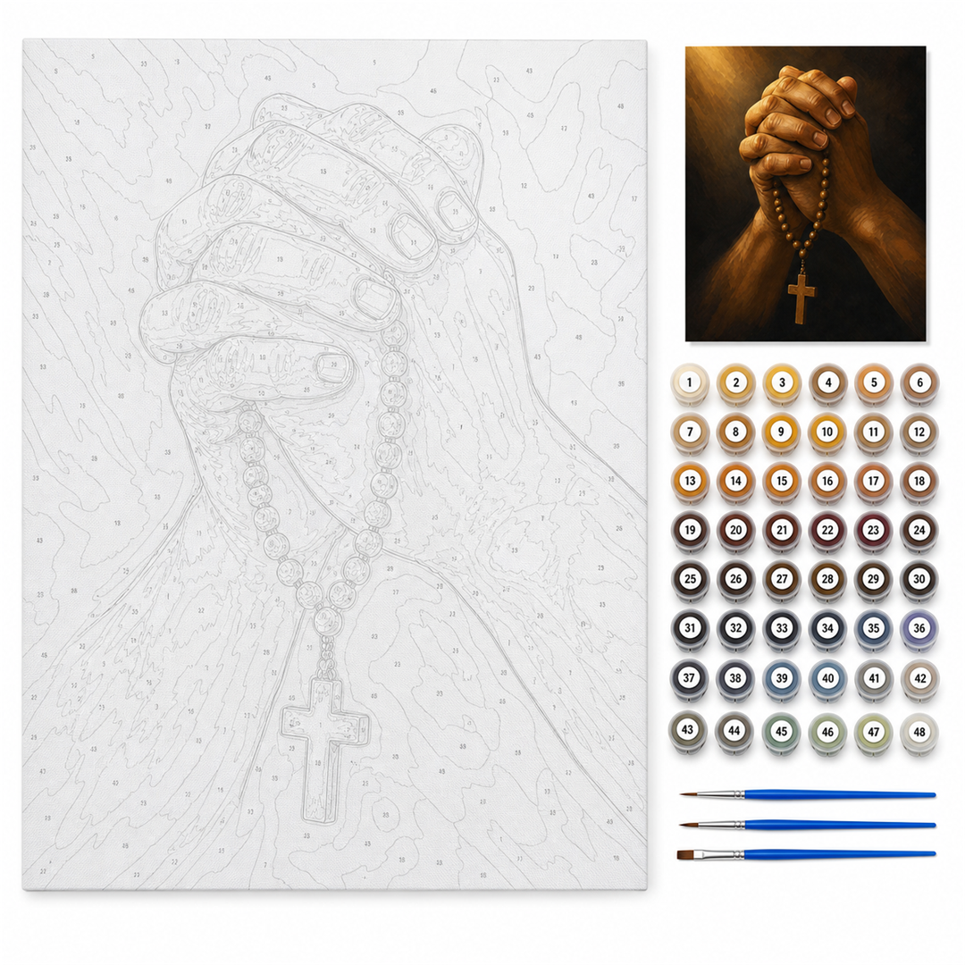Manos que rezan — kit con lienzo numerado, pinturas y pinceles