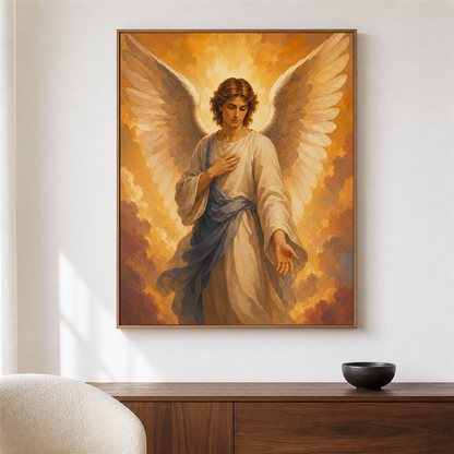 Ángel guardián — el cuadro terminado colgado en la pared