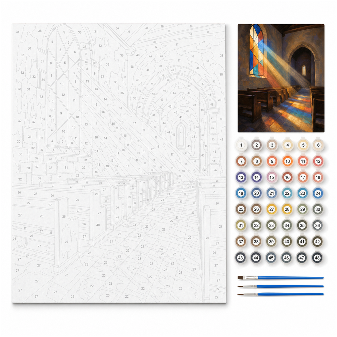 Luz de vitral — kit con lienzo numerado, pinturas y pinceles