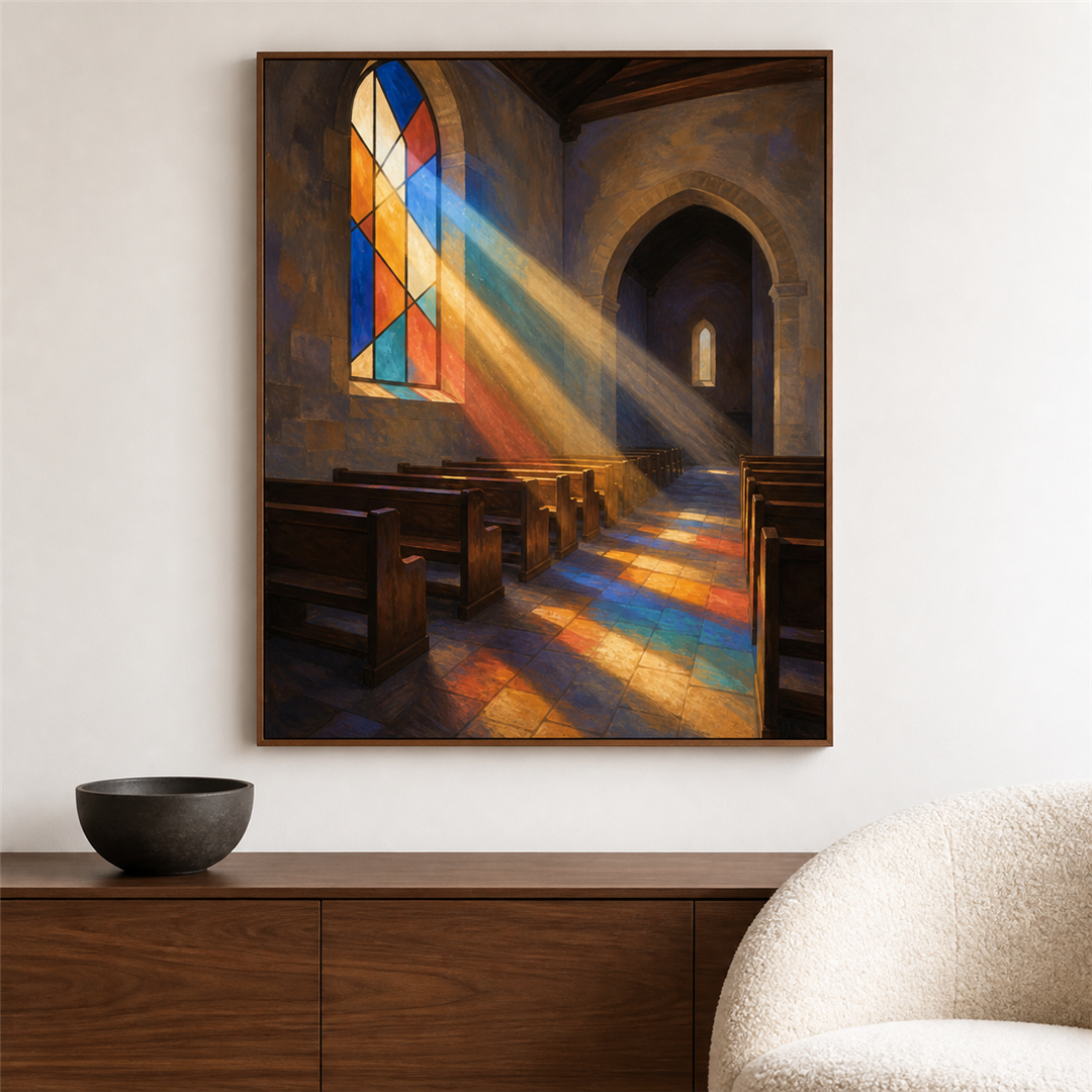 Luz de vitral — el cuadro terminado colgado en la pared