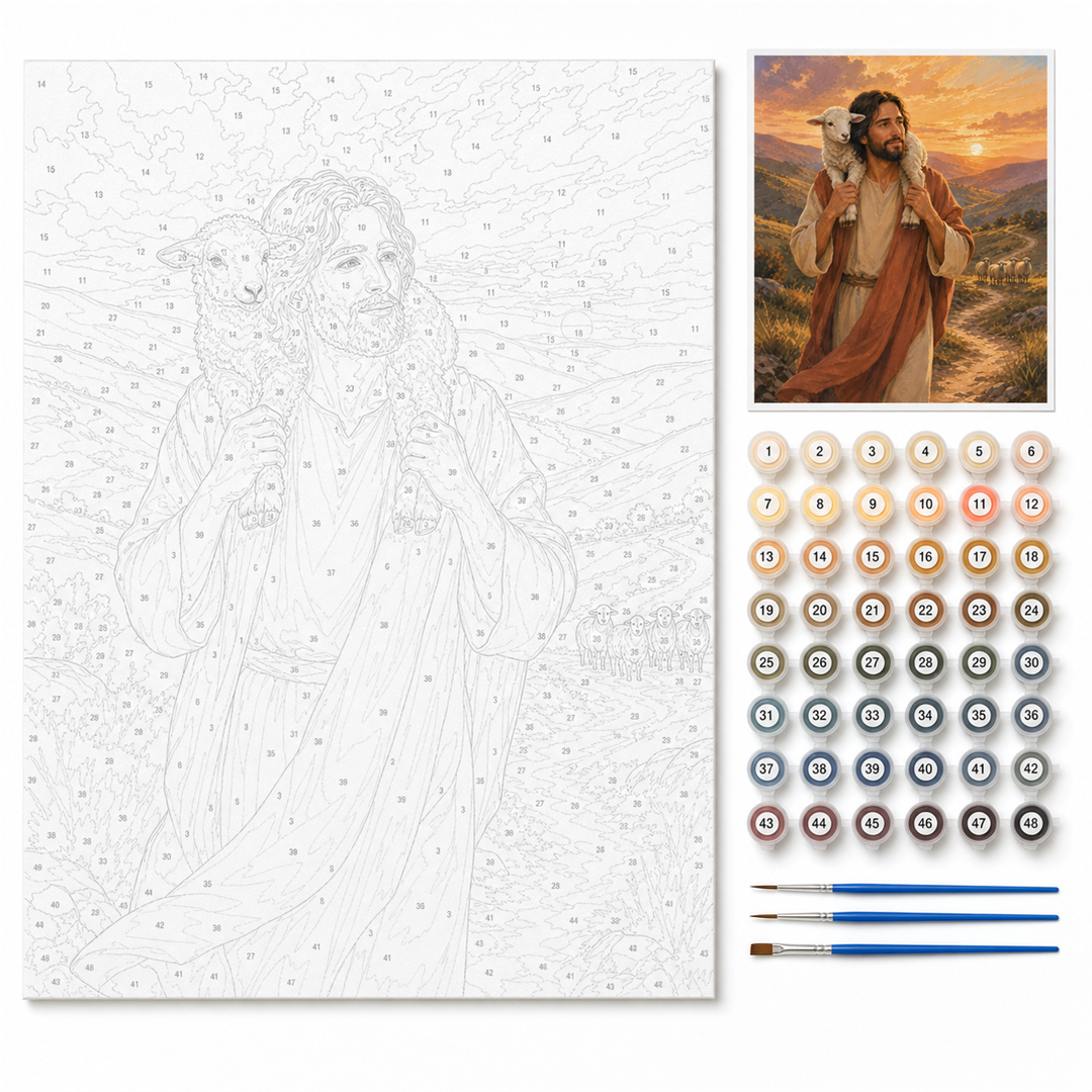 El buen pastor — kit con lienzo numerado, pinturas y pinceles