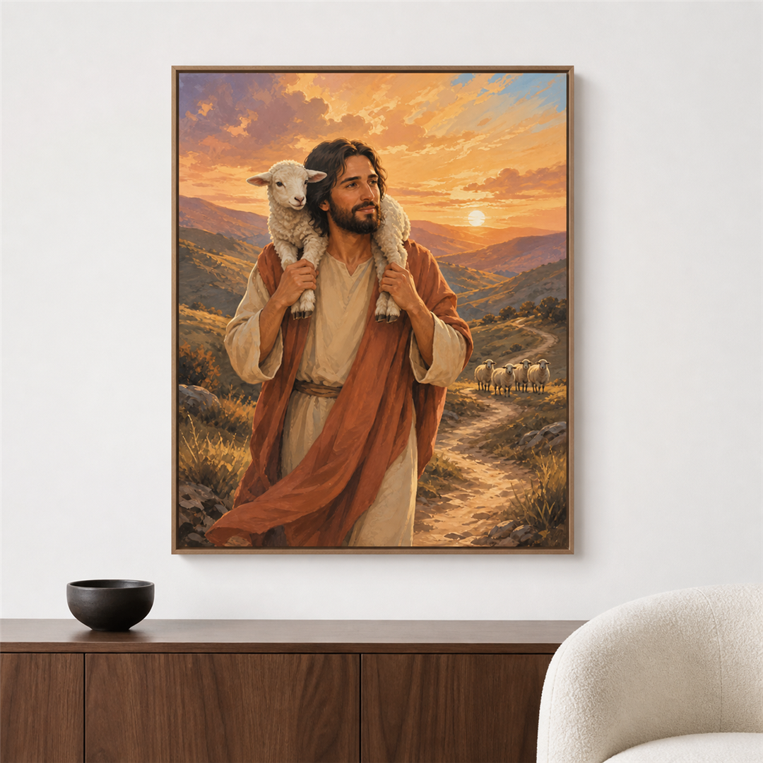 El buen pastor — el cuadro terminado colgado en la pared