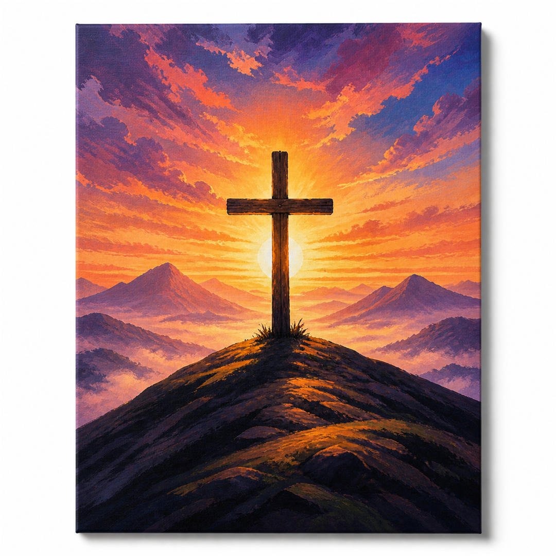 Cruz al amanecer — lienzo terminado