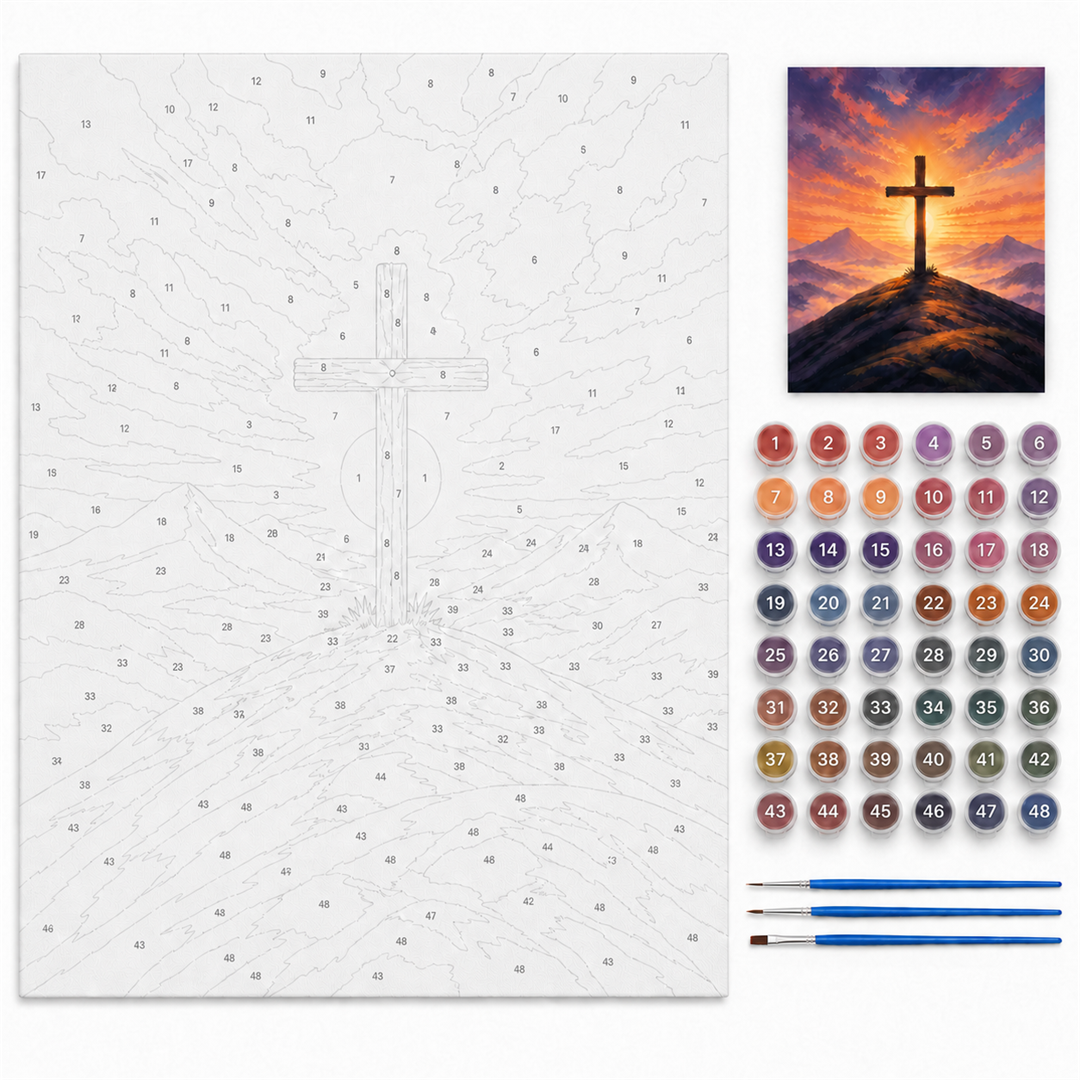 Cruz al amanecer — kit con lienzo numerado, pinturas y pinceles