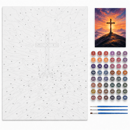 Cruz al amanecer — kit con lienzo numerado, pinturas y pinceles