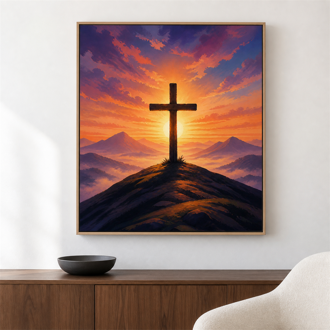 Cruz al amanecer — el cuadro terminado colgado en la pared