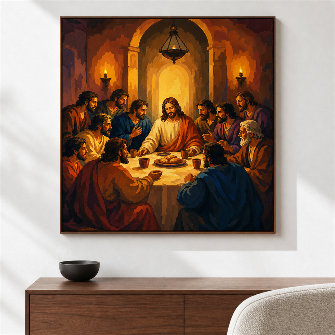 Última cena — el cuadro terminado colgado en la pared